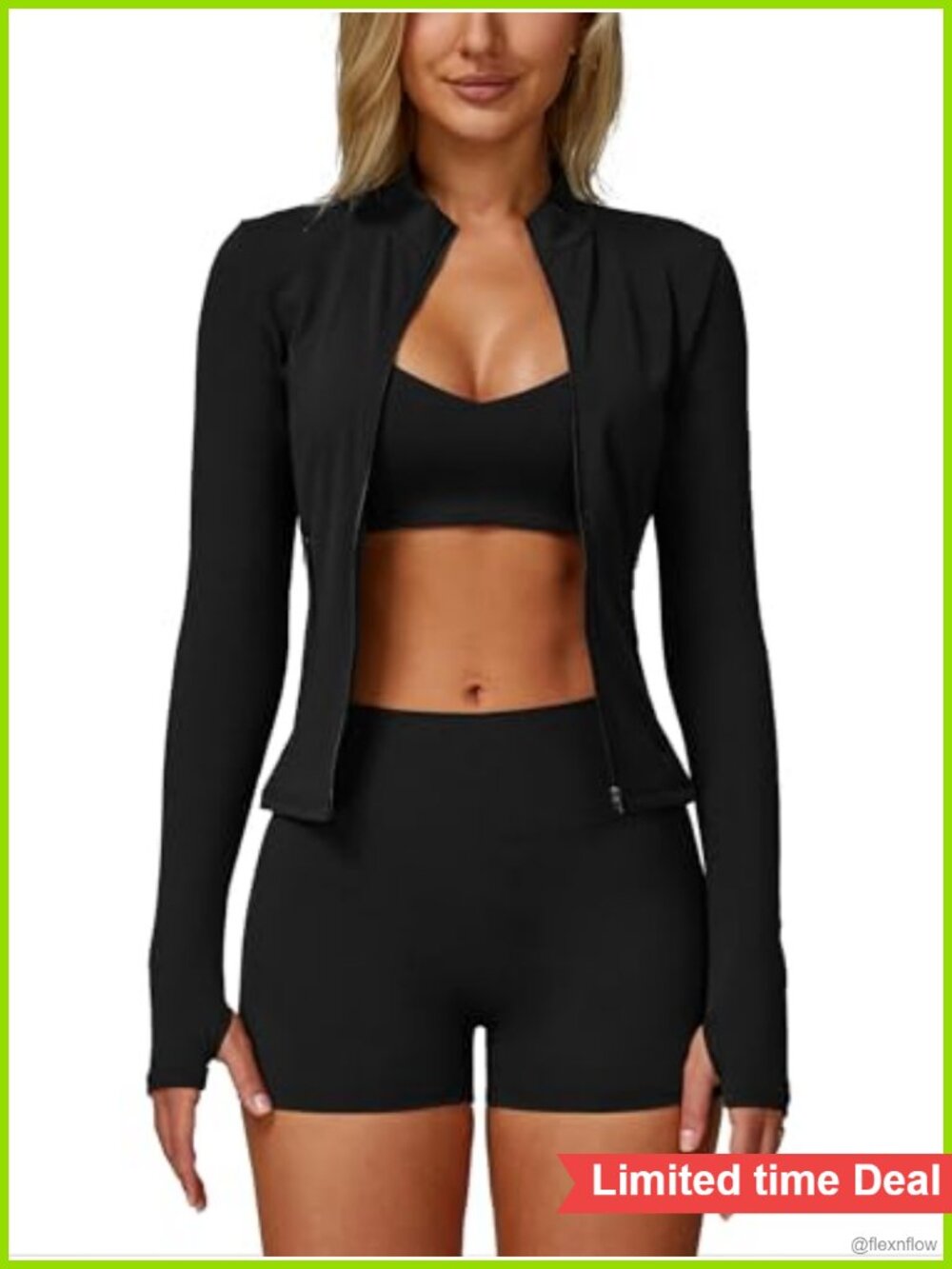 3 Piece Workout Set Long Sleeve Jacket Y Back Sports Bra High Waist Shorts